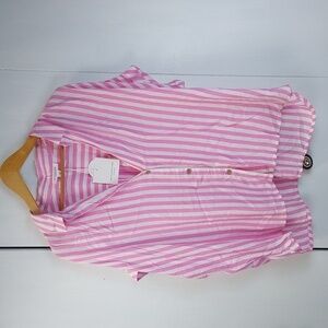 Beach Lunch Lounge Pink White stripe Lightweight flowy Top buttons Sz.XL